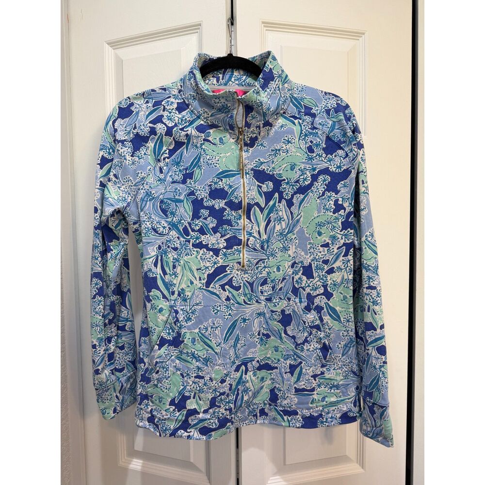 Lilly Pulitzer Quarter Zip Blue and Green Pullover Sweater Size Medium